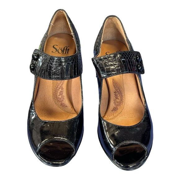 Sofft | Black Mary Jane Black Patent Leather Button Strap Heels 7.5M - Picture 2 of 10